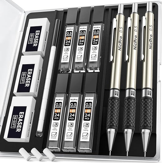 Nicpro RG1000 0.5 mm Art Mechanical Pencil Set in Storage Case, 3 PCS Metal Drafting Pencil Lead Pencil with 6 Tube HB Refills, 3 Erasers, 9 PCS Eraser Refills for Artist Writing, Drawing, Sketching