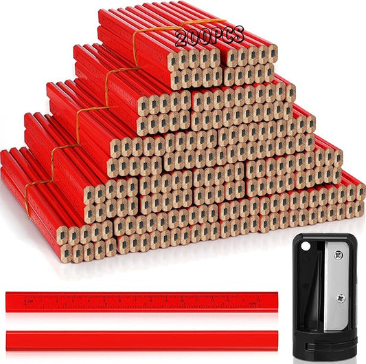 Honoson 200 Pcs Flat Construction Pencils with Printed Ruler Wood Graphite 2 Pcs Carpenter Pencil Sharpener for Woodworking Marking Tool(Red)