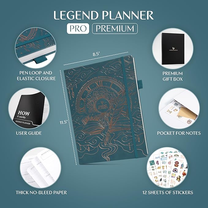 Legend Planner PRO Premium – Large Undated Weekly, Monthly & Budget Planner with Habit Tracker – Life Organizer for Time & Task Management, Goal Setting & Productivity – A4 Size (Dark Teal, New Cover)