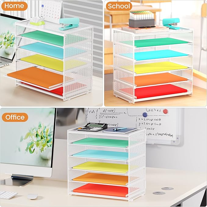 2 Pack 6 Tier Paper Organizer, Metal Mesh Desk File Folder, Letter Tray Organizer, Paper Sorter Desk Organizers for Office, Home or School File Folder Holder - White