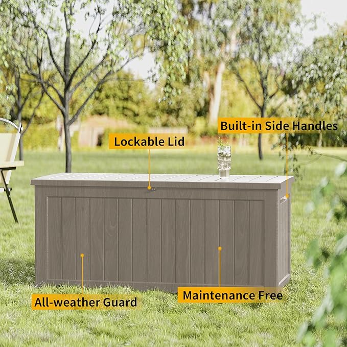270 Gallon Outdoor Storage Box Patio Deck Box Waterproof, Resin Lockable Outside Large Storage Bin for Pool Cushion Furniture, Garden Tools UV-Resistant, Grey