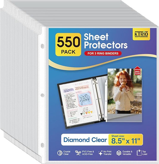 KTRIO 550 Pack Sheet Protectors 8.5 x 11 inch, Clear Page Protector for 3 Ring Binder, Plastic Sleeves for Binders, Top Loading Paper Sheets Document Sleeve Letter Size, Office & Home