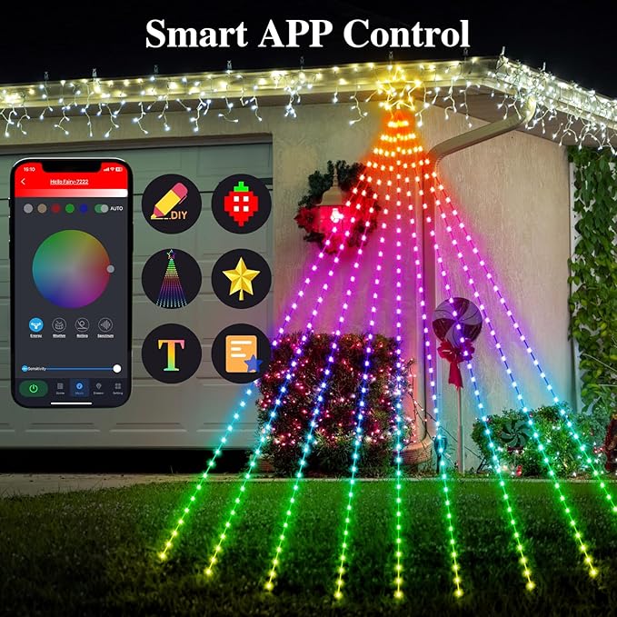 11.8 FT Christmas Decorations Outdoor Star String Lights,Smart APP Remote Control RGB Color Changing DIY 344 LED Waterfall Lights for Garden Yard Outdoor Xmas Decorations