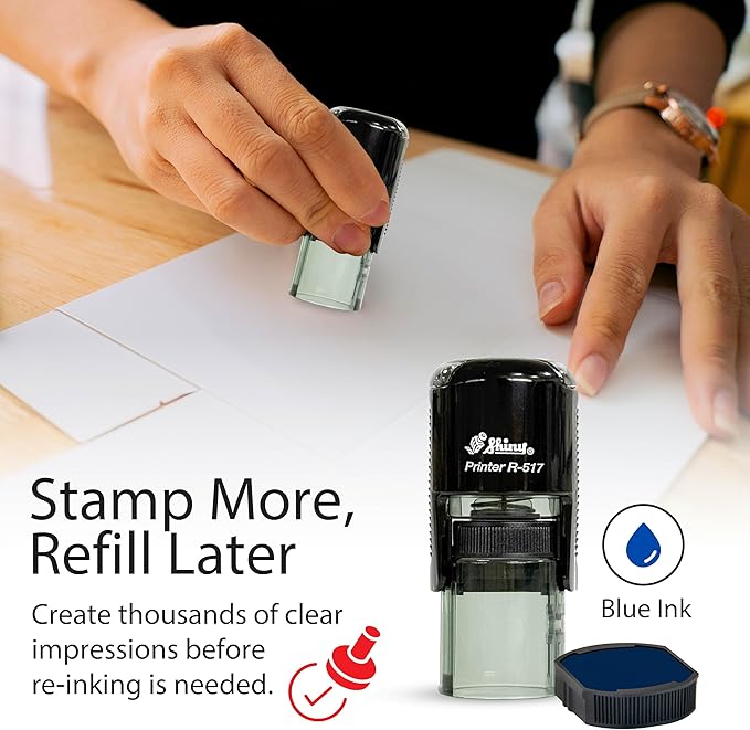 Shiny Pleasure Serving You Stamp, Round Self Inking Stamp for Office and Retail, Blue Ink