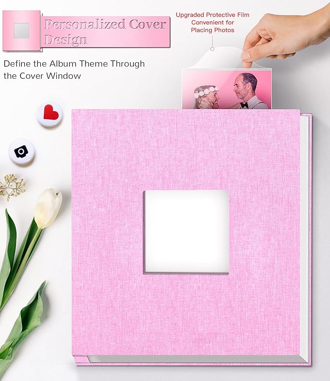 Photo Album Self Adhesive Scrapbook Album for 3x5 4x6 5x7 8x10 Pictures,40 Pages Linen Cover with Display Window DIY Photo Book,Ideal Gifts for Family Travel Wedding Baby