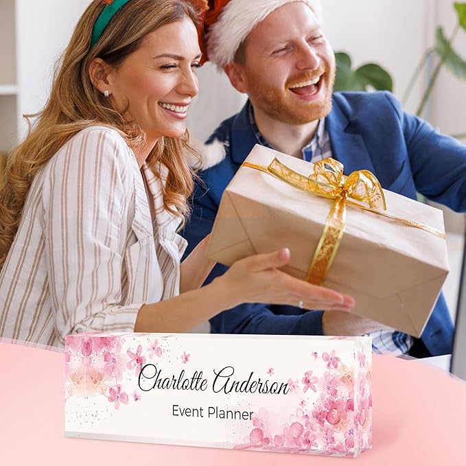Custom Name Plate for Desk, Personalized Acrylic Office Name Sign with Name & Title, Elegant Desk Decor for Women Men, Employee Appreciation Gift (Sakura-1)