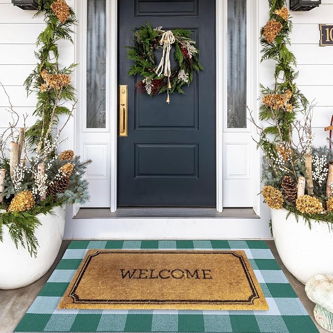 Green & White Plaid Rug, 2'4" x 3'7" Check Indoor/Outdoor Area Rug, Hello/Welcome Door Mat Layering Rug, Machine Washable Cotton Woven Mat for Farmhouse Front Porch, Entryway