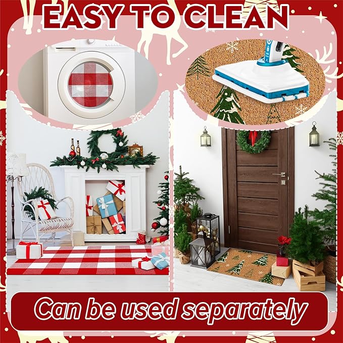 2 Pcs Christmas Coir Doormat Outdoor Rugs Christmas Tree Welcome Mats Layered Buffalo Plaid red and White Mat Plaid Mat for Xmas Front Porch Entryway Outdoor Decor