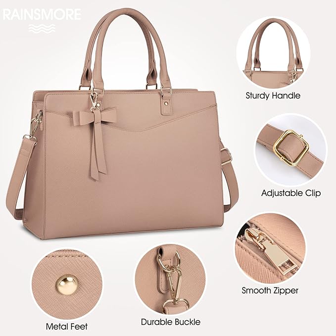 RAINSMORE Laptop Bag for Women 15.6 Inch PU Tote Bag Business Office Work Bag Waterproof Briefcase Computer Tote Lightweight Handbag Shoulder, Khaki