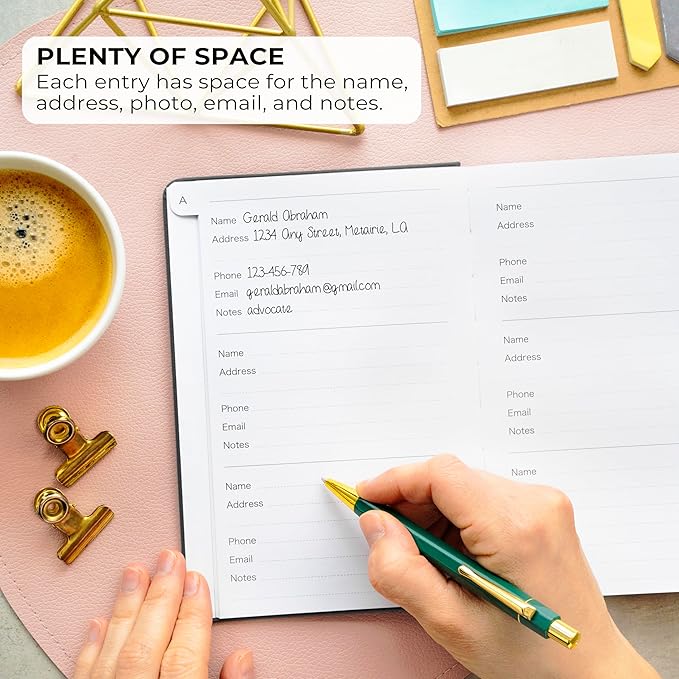 Clever Fox Address Book with alphabetic tabs - PU leather telephone and address book for keeping contacts safe, Contact Organizer Journal, Medium Size (5.3″ x 7.7″) Hardcover, Black