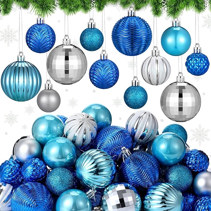 64 Pcs Winter Ball Ornaments Silver Blue Ornament for Tree 1.6/1.97/2.4 Inch Shatterproof Glitter Matt Xmas Baubles Assorted Size Winter Wonderland Ornament Decoration for Christmas Tree Party