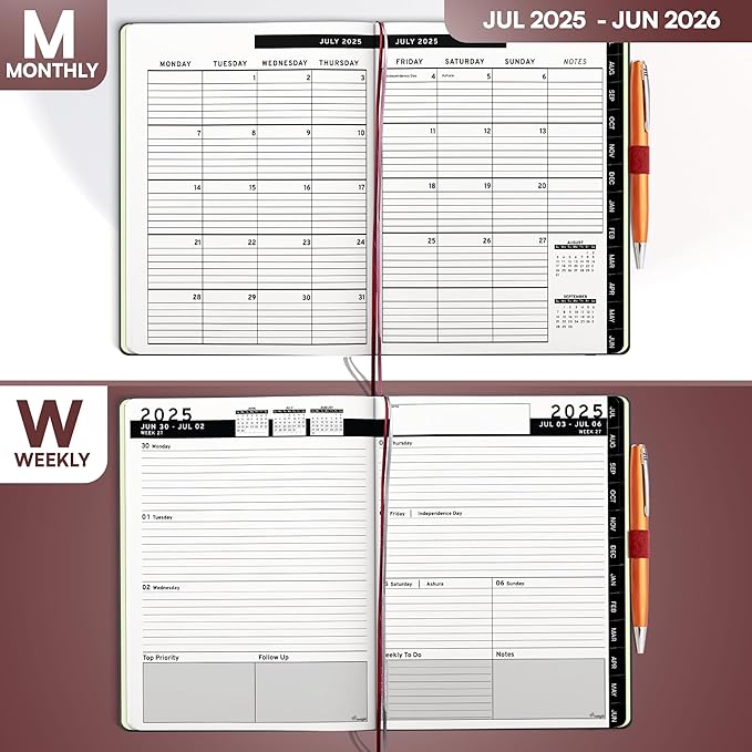 Ensight 2025-2026 HARDCOVER Leather Planner Weekly & Monthly - 6.5x8.5 Inches - Academic Planner Business Personal or Student - Pen Holder, Thick Paper, July 2025 - June 2026 (Red)