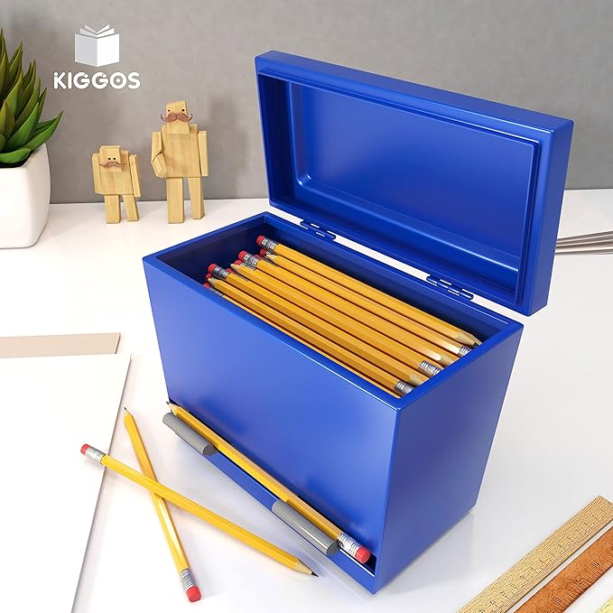 Pencil Dispenser Holder Blue Stainless Steel Dispenser for Pencils with 6 Beautiful Stickers for Decoration Metal Pencil Dispenser for Classroom Home Office Teachers Students (Pencils Not Included)