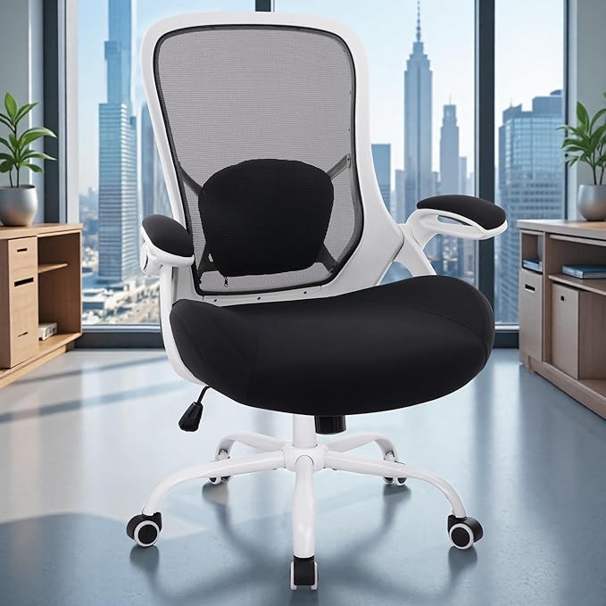 HYLONE 400lbs Heavy Duty Office Chair, 5" Thickened Seat Ergonomic Desk Chair with Adjustable Armrests, Home Office Computer Chairs for Long Hours Mesh Executive Chair(White Base&Black)