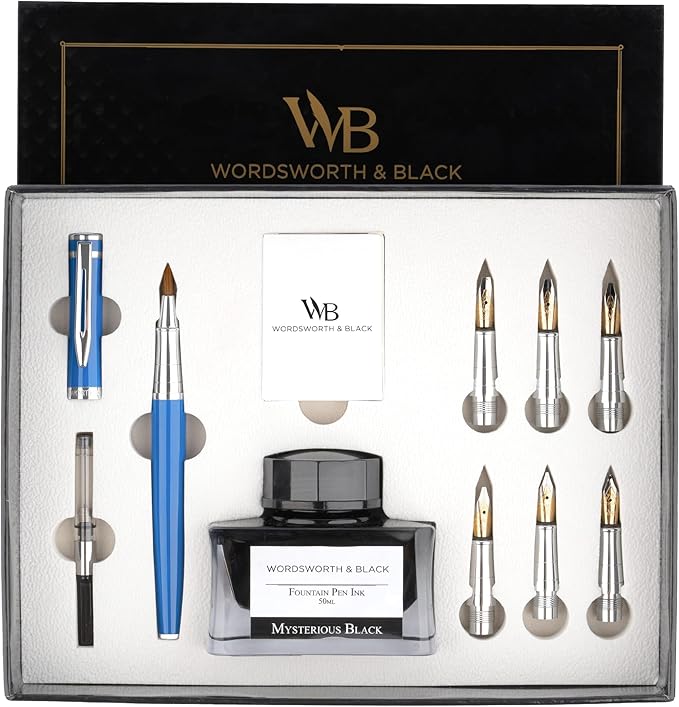 Wordsworth & Black Calligraphy Pen Gift Set, Includes Bottle, 6 Cartridges, Refill Converter, 6 Replacement Nibs, Premium Package, Journaling, Smooth Writing Pens [Blue Chrome]