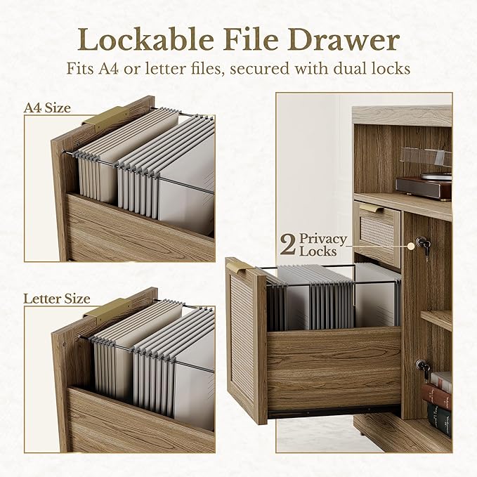 63'' File Cabinet with 2 Lockable Drawers, Fluted Wood Filing Cabinet for Home Office with AC/USB, Adjustable Storage Shelves, Fits for Letter and A4 Size, Black Walnut