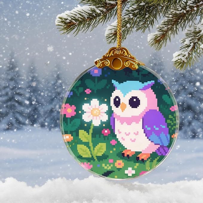 Pixel Art Owl in Flowers Ornaments, Owl Christmas Ornament, Owls Gifts for Women, Owls Decor Bird Ornament 2.75" Glass Decorative Hanging Ornaments