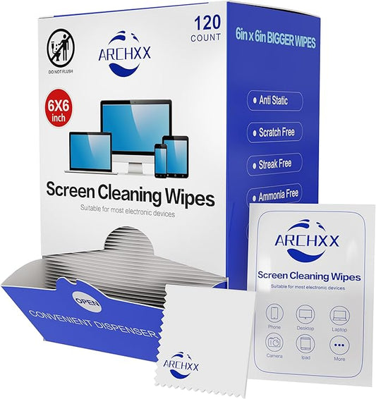 Screen Wipes for Electronics, 120 Count 6"x6" Pre-Moistened Screen Cleaner for Screens, Computer,Laptop,Tablet,Phone,Monitor,Car Screen Cleaner, Lens Wipes Individually Wrapped