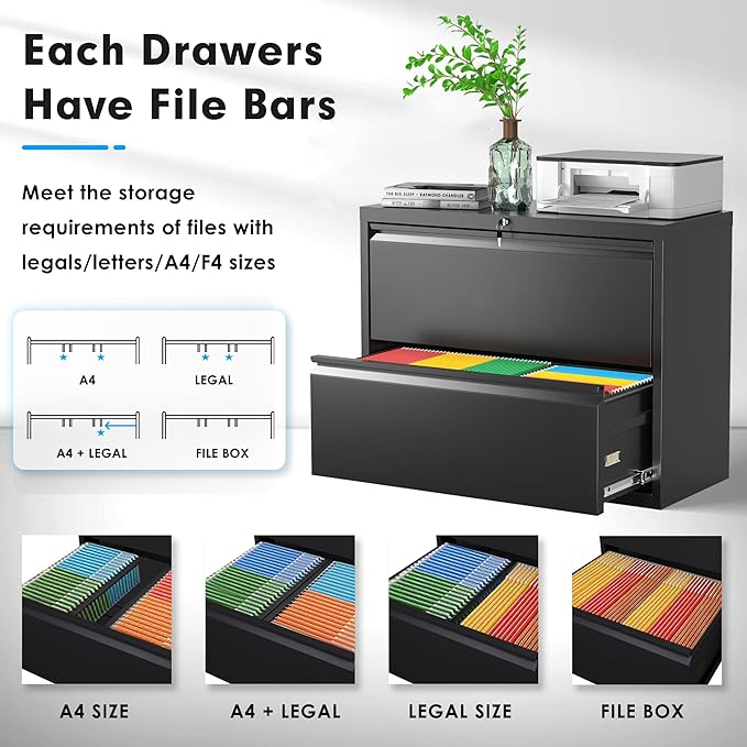 Pataku Lateral File Cabinet, 2 Drawer File Cabinet with Lock, Black Filing Cabinets for Home Office, Metal File Cabinet for Hanging Files/Letters/Legal/F4/A4(Black)