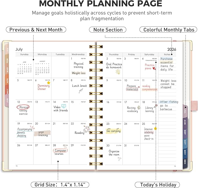RETTACY 2026 Planner, Weekly and Monthly, Medium Size (5.7" x 8.3"), Jan - Dec 2026, Agenda, Calendar, 12 Month Tabs, Hardcover, 100 GSM Thick Paper, Spiral-bound (Pink)