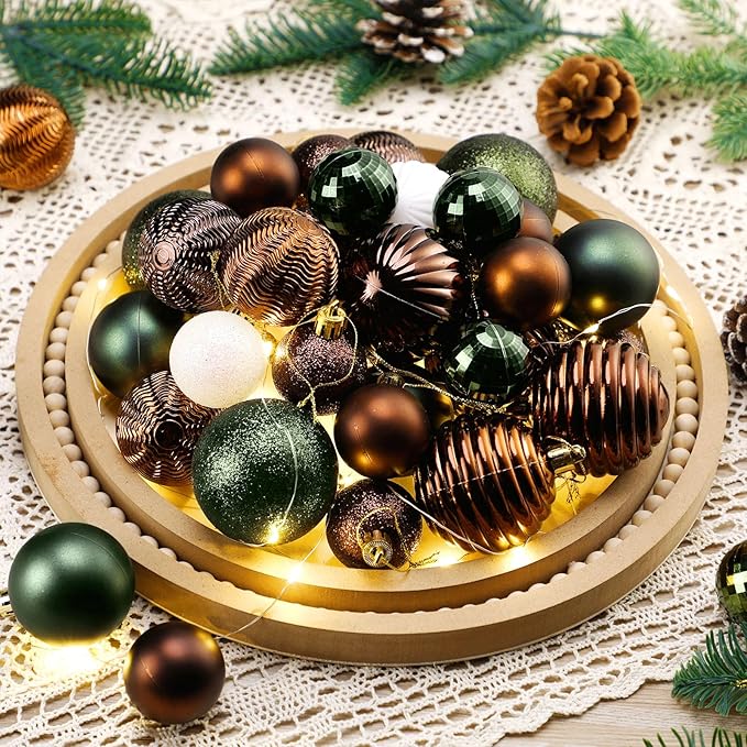 64 Pcs Neutral Christmas Ball Ornaments Brown Green White Xmas Bulbs Ornament 1.6/1.97/2.4 Inch Vintage Xmas Baubles Assorted Size Modern Christmas Decoration for Tree Holiday Indoor Home Decor