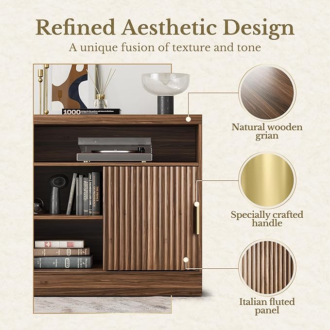 Fluted File Cabinet with Door, 32'' Lateral File Cabinet with Open Adjustable Shelves, Wood Filing Cabinet with Sliding Door for Home Office, Black Walnut