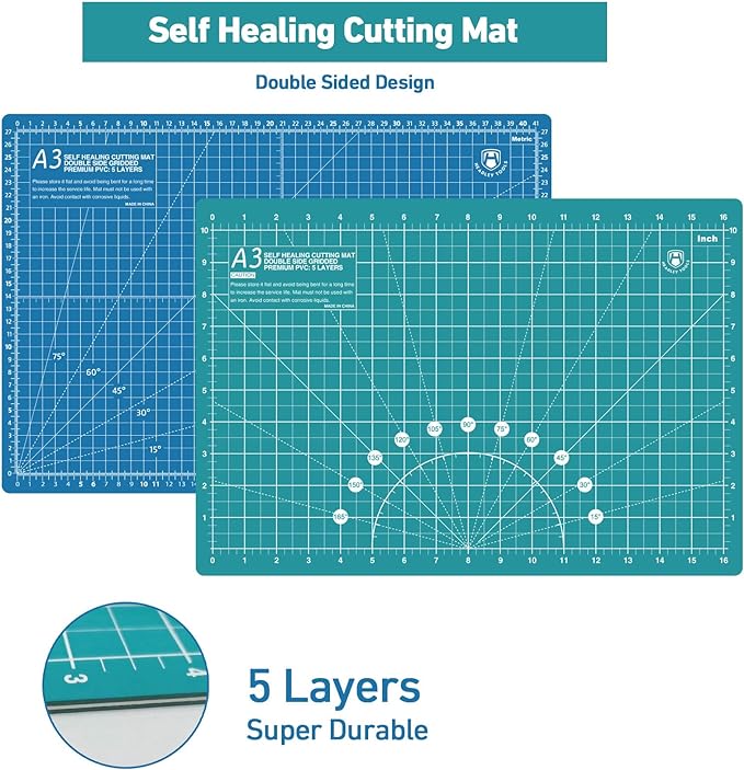 Headley Tools Rotary Cutter Set - 45mm Fabric Cutter, 5 Extra Rotary Blades, A3 Cutting Mat, Quilting Ruler and Sewing Clips, Craft Knife Set, Ideal for Crafting, Sewing, Patchworking,Turquoise