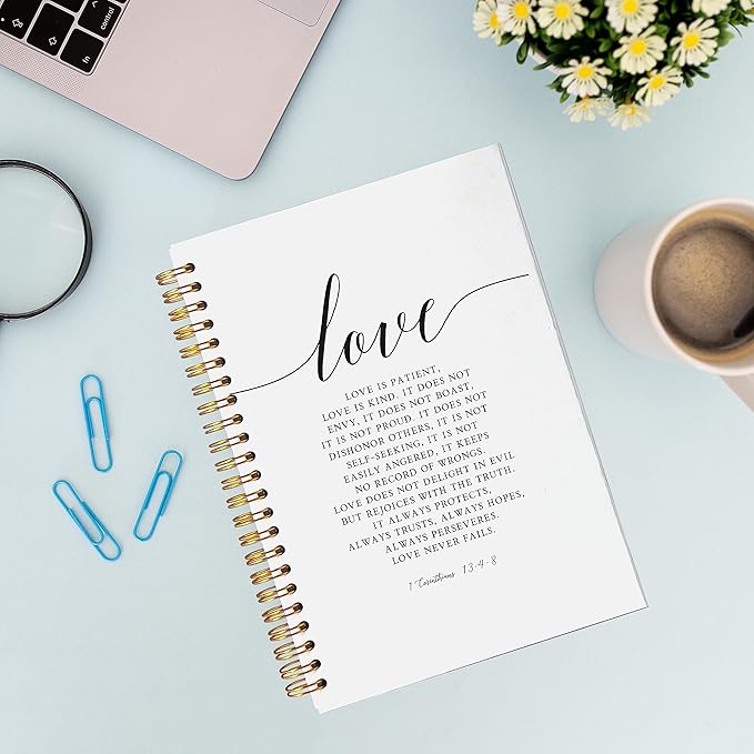 VNWEK Christian Notebook,Bible Journaling Notebook,Bible Journal,Church Notes Notebook,1 Corinthians 13:4-8 Love Never Fails Spiral Notebook Journal 5.5x8.3 Inch,Christian Journals for Women