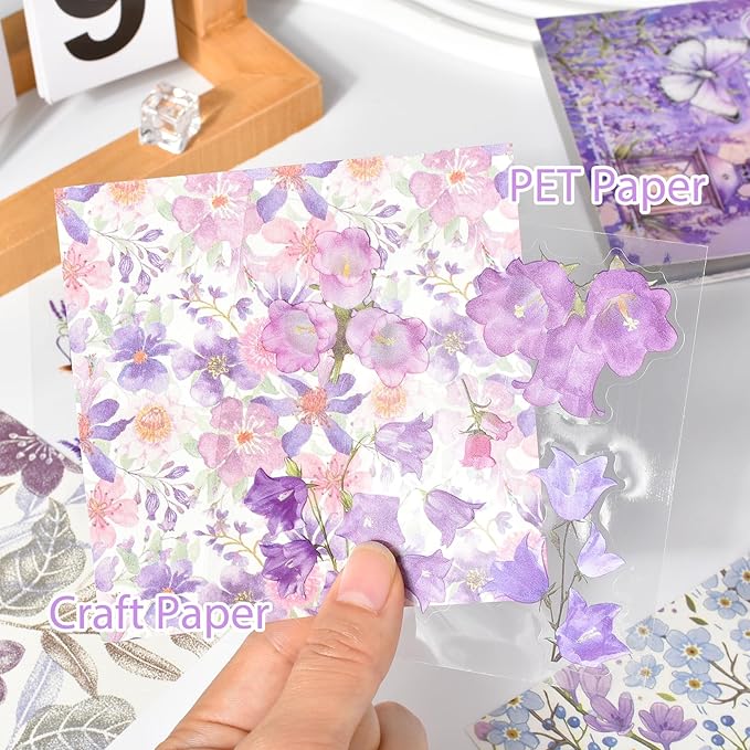 Snycler Scrapbooking Supplies, Vintage Journaling - 25 Sheets PET & 25 Sheets Paper Stickers, DIY Craft Stickers for Junk Journals, Ephemera Sticker Book, Purple Flower Themes, Pre-Cut Designs