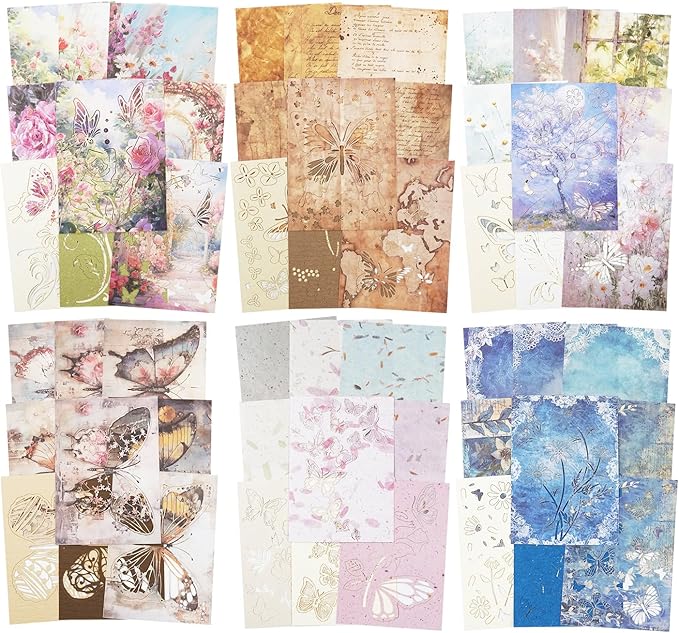 Vintage Butterfly-Themed Scrapbook Paper Set, 144 PCS Including Hollow-Out and Decorative Paper for Junk Journaling, Scrapbooking, DIY Crafts, and Art Supplies
