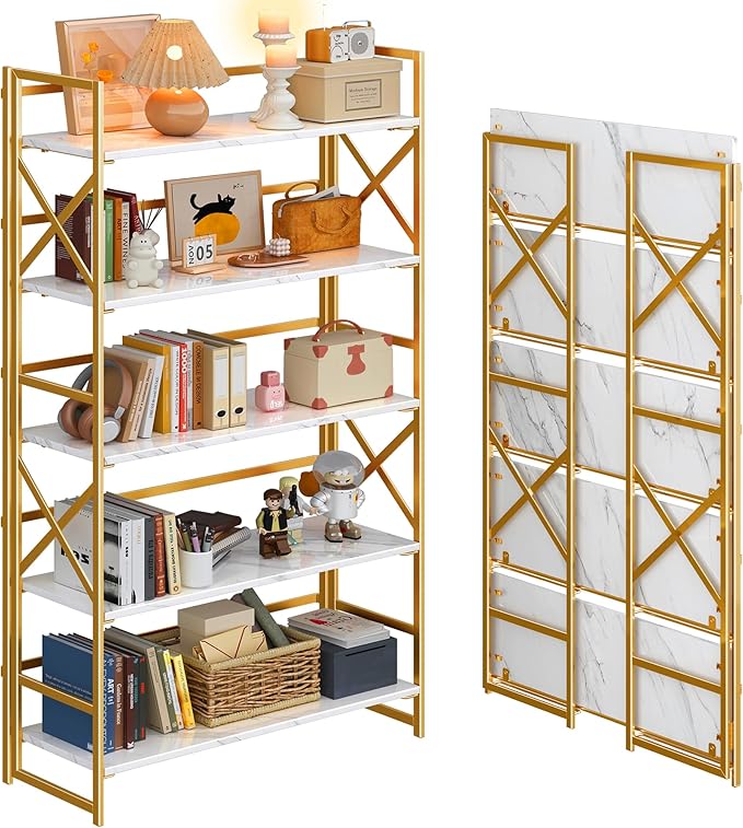 4NM Extra Wide 5 Tiers No Assembly Book Shelves, 51.2" H Folding Bookshelf Bookcase Open Industrial Foldable Shelves for Bedroom, Living Room, Home Office - White Gold