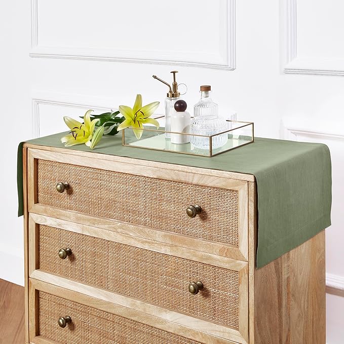 Solino Home Linen Table Runner 60 Inches - 100% Pure Linen Oil Green Table Runner 14 x 60 Inch Ideal for Dresser and Coffee Tables - Fall, Autumn, Thanksgiving - Fete