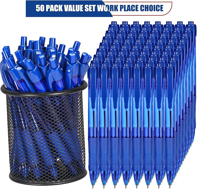 deegtran Pens Bulk, 50 Pack No Bleed Blue Ink Click Pens with Soft Grip, Wholesale Retractable Ballpoint Pens for Office School, Medium Point Smooth 1.0MM