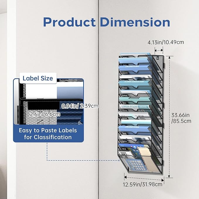 14 Tier Wall Hanging File Organizer, Paper Folder Holder Wall Mounted, Metal Mail Sorter for Office Home School, Black