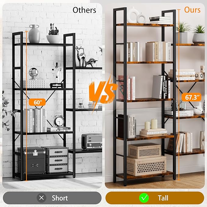 Shintenchi Triple Column 5 Tier Bookshelf, Industrial Large Bookcase with 14 Open Display Shelves, Large Etagere Bookshelf,Wide Book Shelf Book Case for Home & Office, Rustic Brown