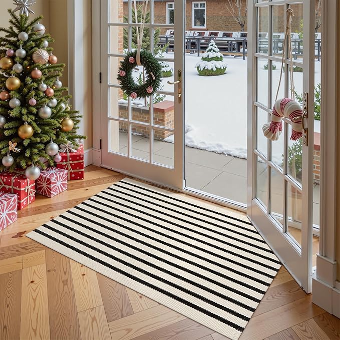 Collive Christmas Door Mat Outdoor Black and White Striped Rug 27.5" x 43.3", Farmhouse Front Porch Rug Reversible Washable Front Door Mats, Hand Woven Welcome Layered Doormat for Entryway Entrance