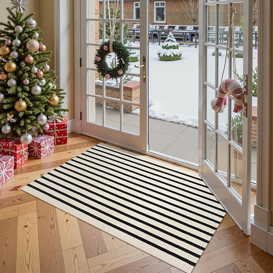 Collive Christmas Door Mat Outdoor Black and White Striped Rug 27.5" x 43.3", Farmhouse Front Porch Rug Reversible Washable Front Door Mats, Hand Woven Welcome Layered Doormat for Entryway Entrance