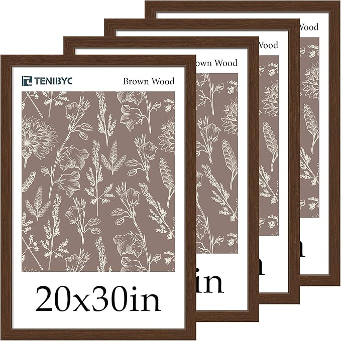 20 x 30 Poster Frame -Set of 4, Brown Wood Picture Frame, Dissplay Photos, Posters and Puzzles, Horizontal or Vertical Wall Hanging