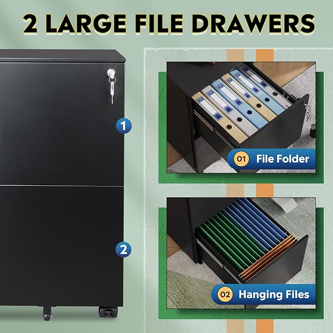 DEVAISE 2-Drawer File Cabinet with Lock, Rolling Metal Filing Cabinet on Wheels for Home Office, Fully Assembled Under Desk Storage Organizer, Black, 17" D x 15" W x 27" H