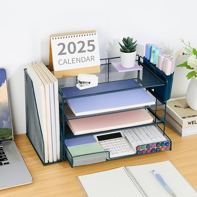 OPNICE Desk Organizer and Accessories, 4-Tier Desktop File Organizer with Drawer and 2 Pen Holders, Office Desk Accessories, File Sorters, Workspace Organizers for Office Supplies(Dark Blue)
