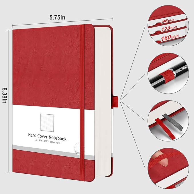 AHGXG Bullet Dotted Journal - 320 Numbered Pages Dot Grid Notebook A5 Thick Journal, 100gsm Thick Dotted Paper, Leather Hardcover,Inner Pocket, 5.75'' × 8.38'' - Red