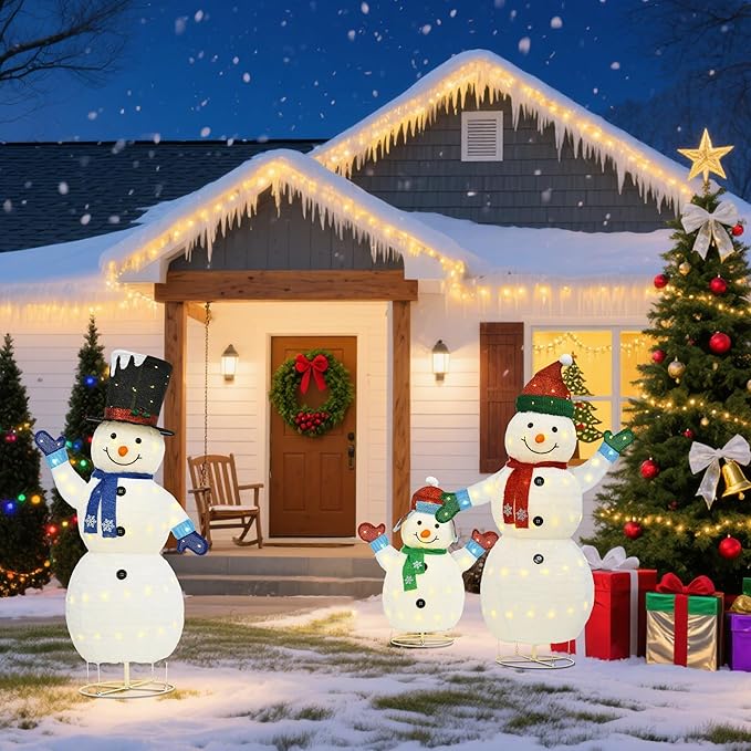 62"/60"/35" Large 3D Pop-Up Snowman Set, Lighted Snowman Family Outdoor Christmas Decor with 250 Warm White LEDs, Ground Stakes, Holiday Lawn Yard Garden Decorations, Set of 3