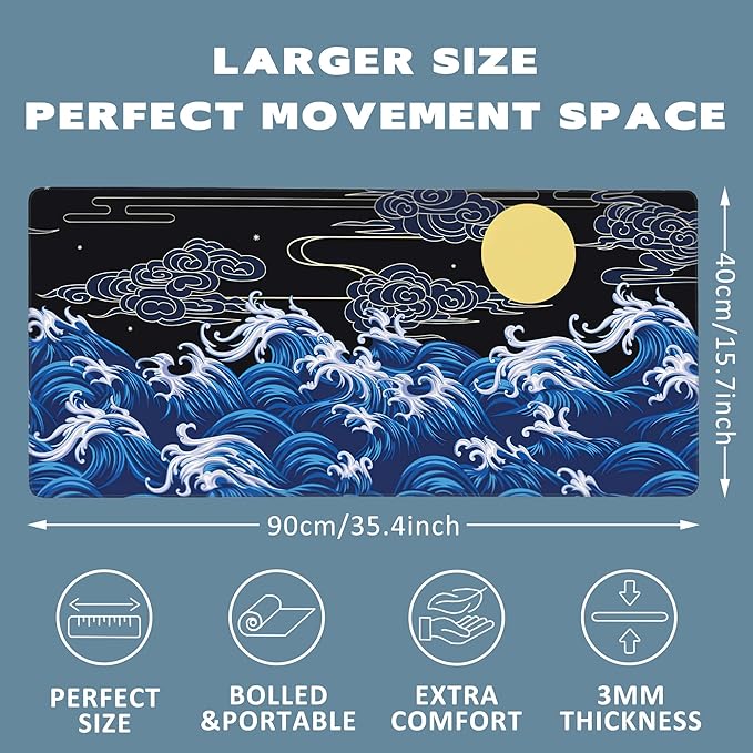 Large Mouse Pad Decorative Waves in Oriental Style Extended Gaming Mouse Pad Desk Mat Stitched Edges Mousepad Non-Slip Rubber Base Keyboard Pad for Laptop Computer PC 35.4 x 15.7 inches