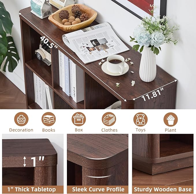 9 Cube Bookshelf, 41" Tall Organizer Bookcase with Curved Edge, Wood Floor Standing 3-Tier Cubby Book Shelf with Base, Vinatge Display Storage Cabinet for Living Room, Home Office, Walnut