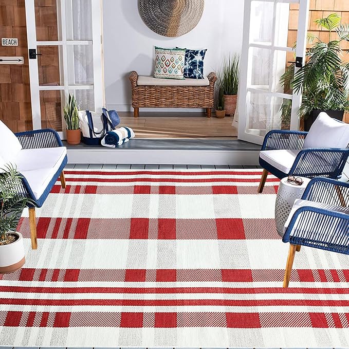 Christmas Plaid Outdoor Rug, 4' x 6' Red&White Check Indoor/Outdoor Area Rug, Layering Rug for Hello/Welcome Door Mat, Machine Washable Cotton Woven Rug for Farmhouse Front Porch, Entryway
