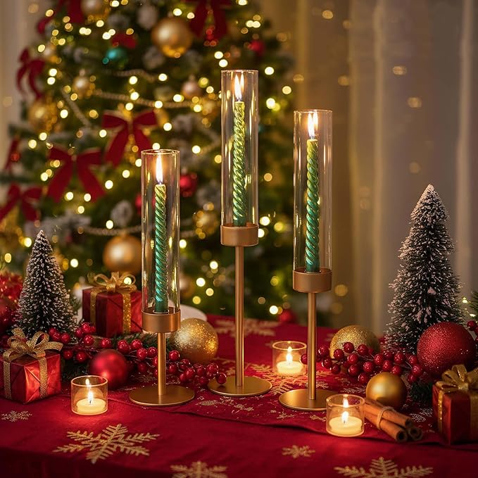 Tall Candle Holders Set of 3, Hurricane Glass Taper Candlestick Holders for Wedding, Christmas Decor, Dining Table, Party Centerpieces