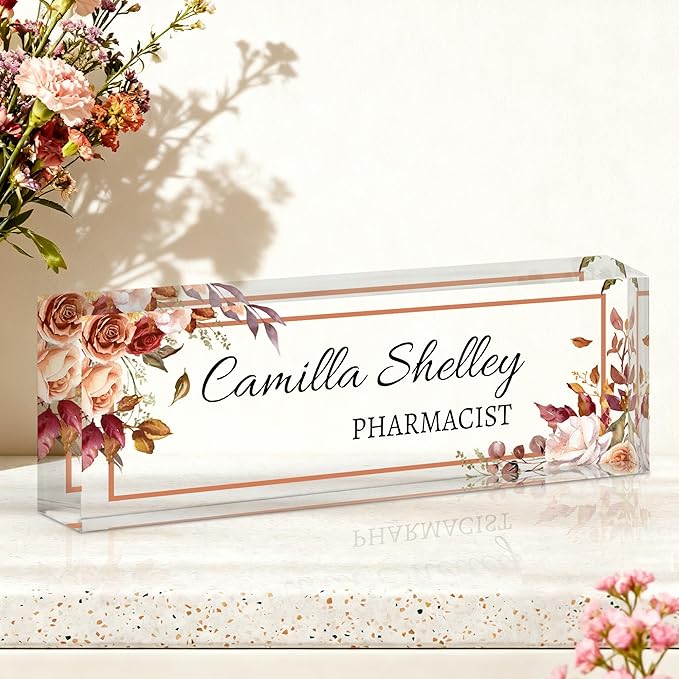 Ship Next Day-Custom Name Plate for Desk, Desk Name Plate Personalized, Acrylic Office Desk Accessories, Appreciation Gifts for Coworkers Employee Teachers Boss Women Men (Rose)