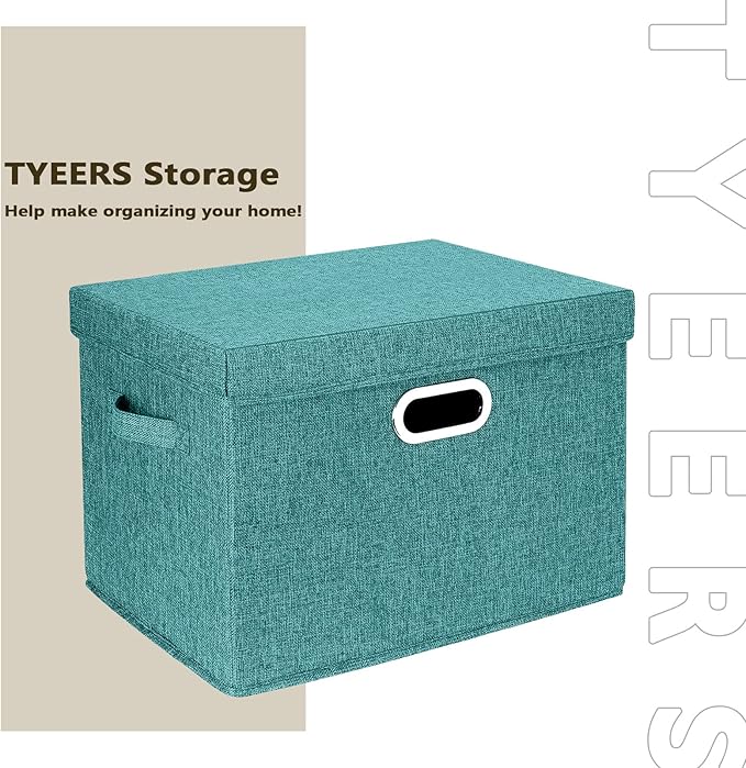 TYEERS Large Storage Bins with Lids, Collapsible, Washable, Fabric Storage Boxes for Organizing, 17.3x11.8x11.4 inches, 5 Pack, Aqua Deep