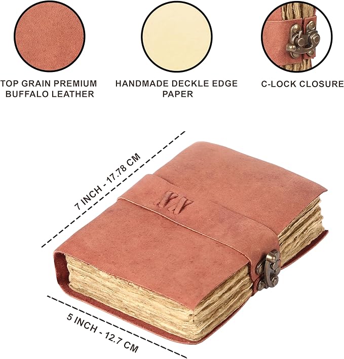 Vintage Leather Journal Handmade Buffalo Non-Refillable Deckle Edge Paper – Leather Bound Journal for Women, Men, C-Lock Closure, Ideal for Writing & Travel for Artists (Sunset Peach)