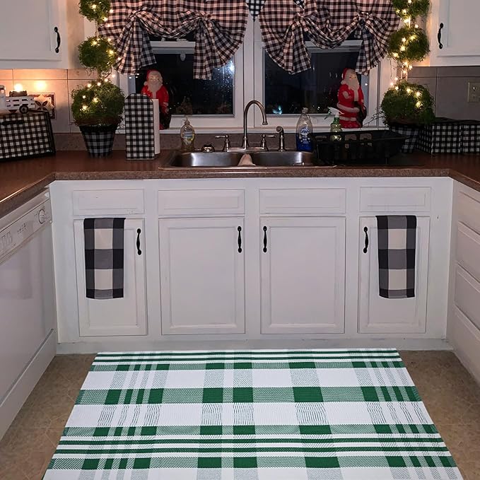 Christmas Door Mat Outdoor 3' x 5' Green and White Plaid Rug Christmas Decor Rug Cotton Hand-Woven Layered Door Mats Washable Carpet for Front Porch, Kitchen, Farmhouse, Entryway